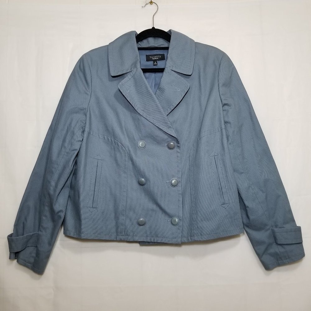 Talbots double breasted twill jacket blue gray sz 16 classic lightweight office